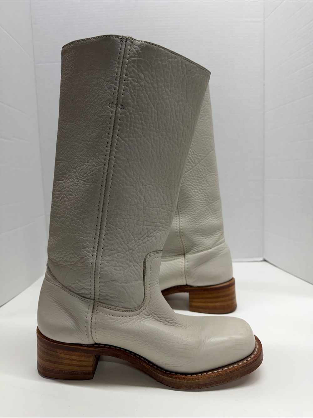 Frye Campus Heeled Boots Pebbled Leather Mid Calf Ivory Vintage USA Size 8.5 M - Picture 5 of 10